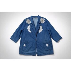 Retro Hunters Run Denim Blazer Jacket Sequin Lace Applique Vintage 90s Boho